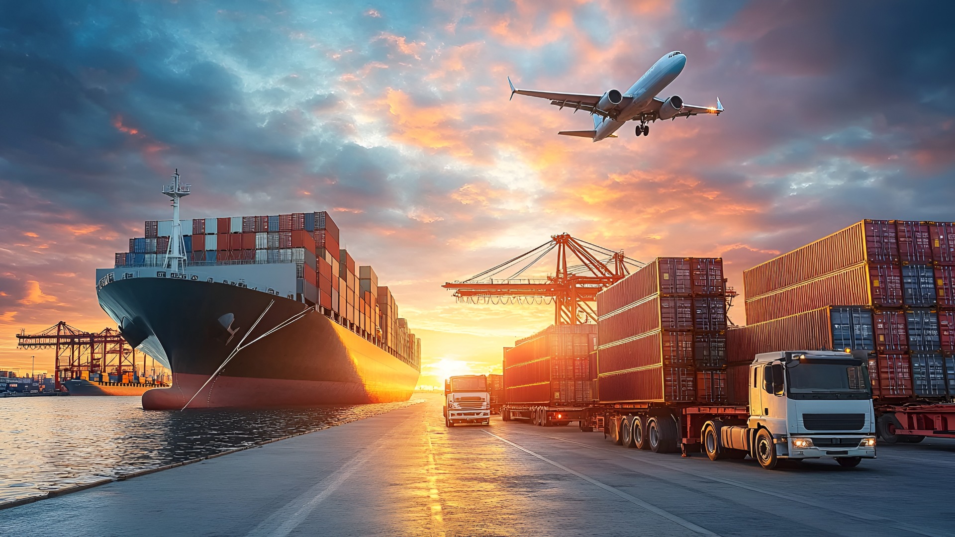 Ein Frachtflugzeug, ein Schiff und ein LKW werden in einem geschäftigen internationalen Hafen beladen.