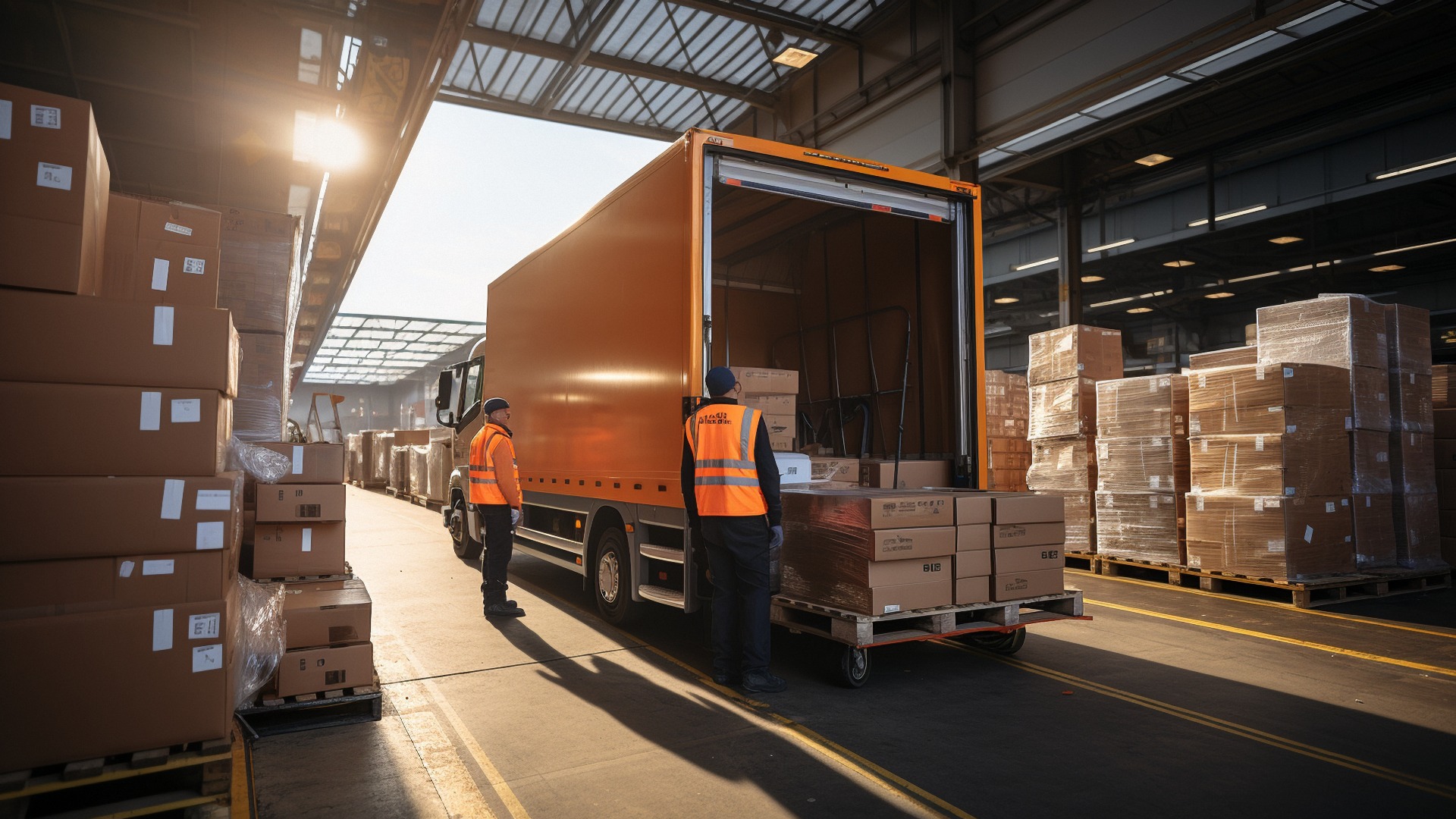 Während eine Managerin einen Tablet-Computer benutzt, belädt ein Arbeiter in einem Logistik-Einzelhandelslager Kartons in einen Lieferwagen. Online-Einkäufe, Bestellungen und